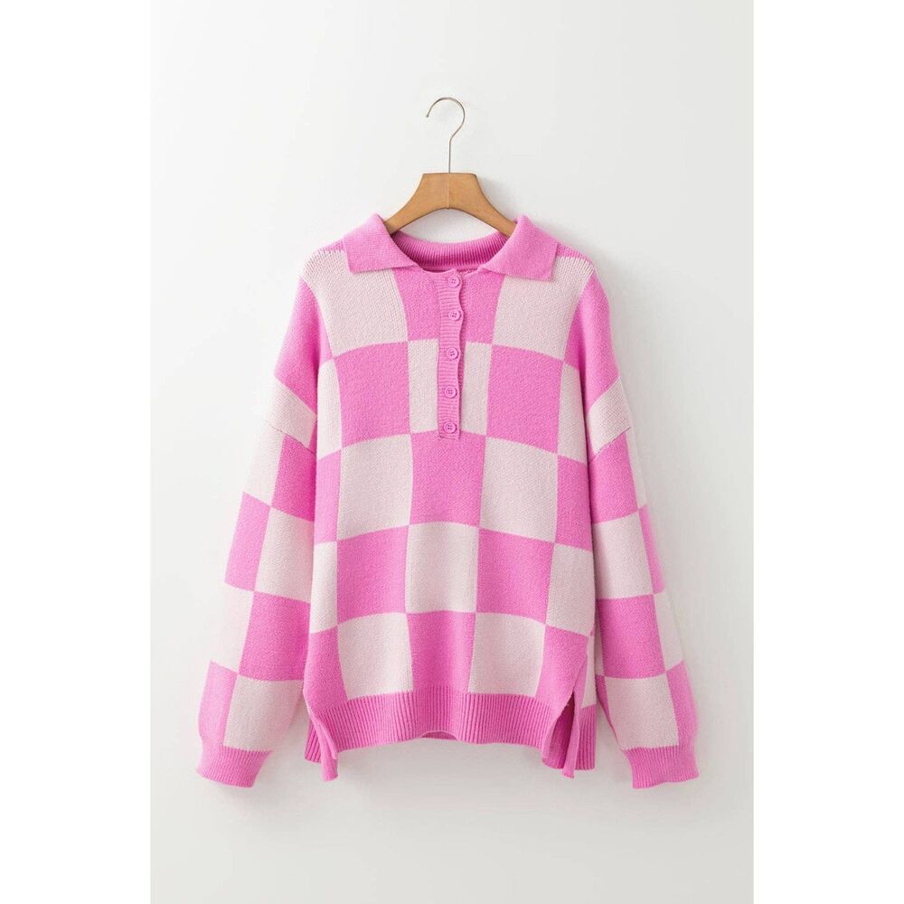 Pink Checkerboard Half Button Collared Drop Shoulder Sweater - Picture 4 of 5